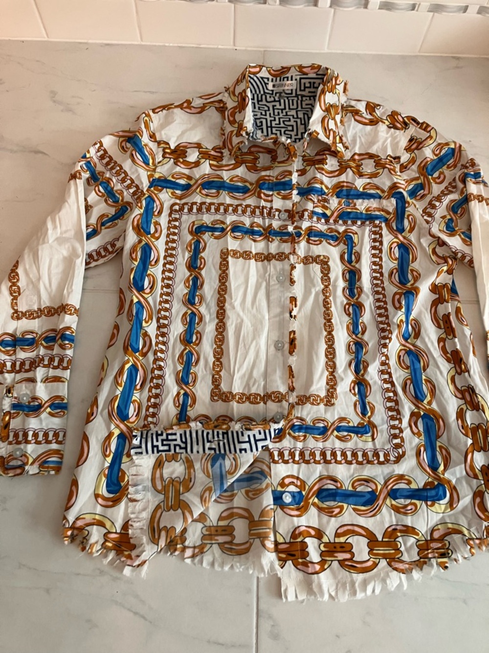 SPANNER Graphic Geo Print Shirt in White, Blue & Orange. Like new